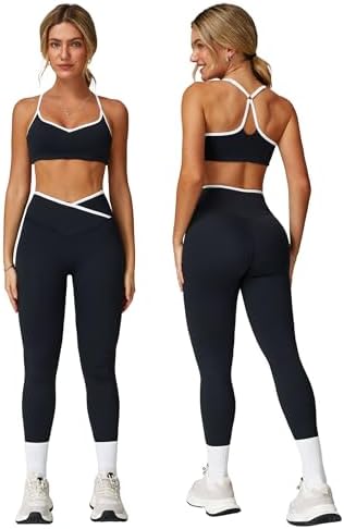 ABOCIW Workout Sets for Women 2 Piece Color Block Strappy Sports Bra High Waist Shorts Gym Yoga Pilates Outfits