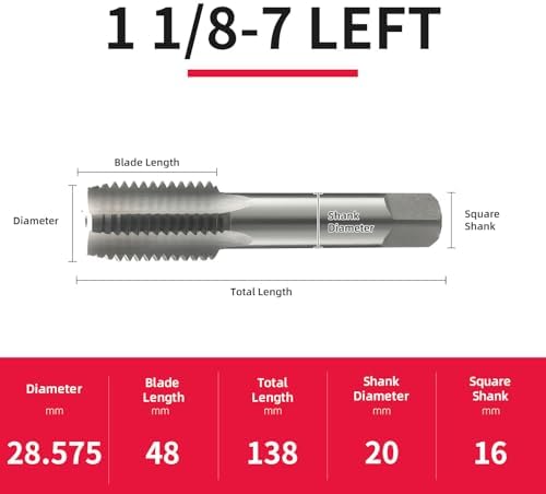 1 1/8-7 Left Hand Straight Flute Thread Tap Machine Tap HSS (High Speed Steel) Threading Tapping Repair Tools DRINYOUNG (1 1/8-7 Left)