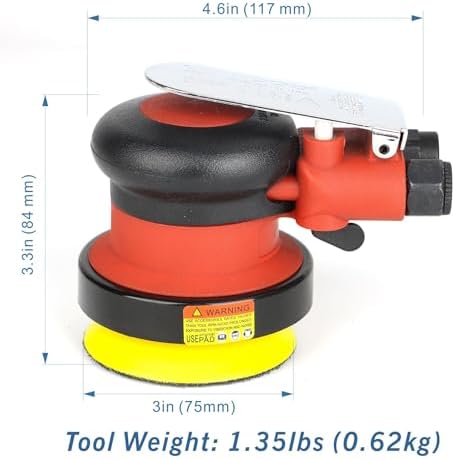3 inch Mini Palm Air Sander, MAX 12000 RPM 3/32" Orbit Random Orbital Pneumatic Polisher, for Auto Body Woodworking Metal, with 12 Sandpapers & Extra Backing Pad