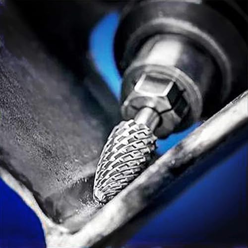 HAUTMEC Tungsten Carbide Rotary Burr Bit YG6, 1/4" Shank Double Cut Die Grinder Bit, Low Vibration Precision Rotary File for Metal Grinding, Engraving & Deburring (12MM Conical), HT0157