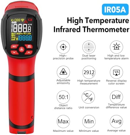 Infrared Thermometer High Temperature Gun -40℉~2912℉, 50:1 Dual Laser Thermometer with Probe 14℉ - 932℉, Digital IR Temp Gun for Cooking, Pizza Oven, Engine, Kiln, Forging, Industrial Use