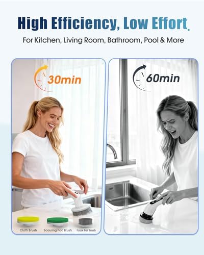 2026 Electric Spin Scrubber, Upgraded 4000mAh Powerful 2-Speed Shower Scrubber with Long-Standby Wrok, IPX7 Waterproof Adjustable Pole with 5 Replacement Heads for Bathroom Bathtub Kitchen Cleaning