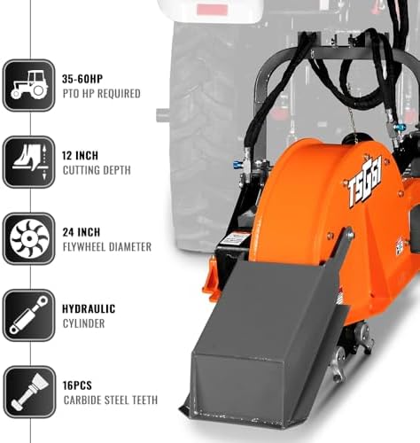 MechMaxx PTO Power 3-Point Hydraulic Cylinders Stump Grinder For 35-60hp Tractor, 24'' Cutting Wheel, 16 Carbide Teeth,Model TSG61
