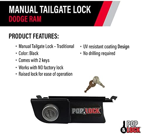 Pop & Lock – Manual Tailgate Lock for Dodge Ram 1500, 2500, and 3500, Fits 2002 to 2008 (Chrome, PL3400C, Works with No Factory Lock)