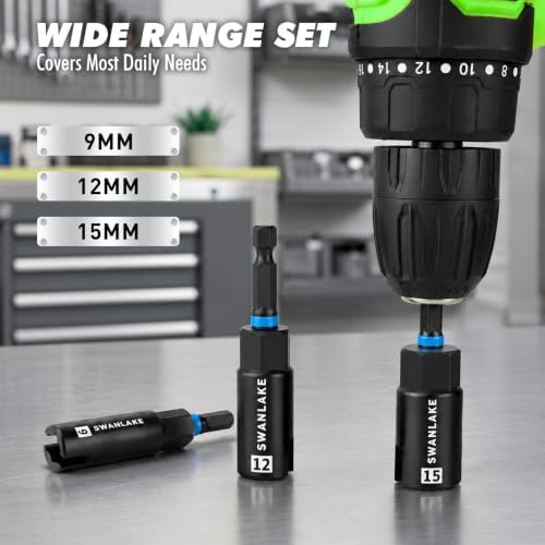 3-Piece Wing Nut Driver Set, 9mm, 12mm, 15mm, 1/4 Inch Hex Shank Power Nuts Driver Bit, Wing Nut Socket for Eye Bolt, Hook Bolt Installation, Wire Twisting