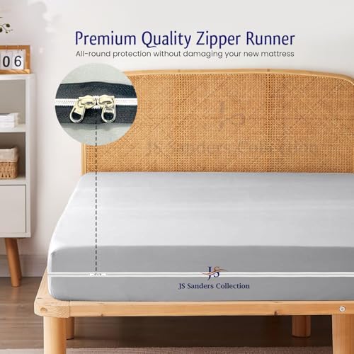JS Sanders Zippered Mattress Protector Full Size – Soft 100% Egyptian Cotton, 600 Thread Count Deep Pocket Fitted Sheet Encasement Cover for Bed Breathable, 12-16 Inch Fit, Silver Grey 54x75
