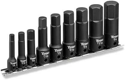 Titan 49010 9-Piece Impact SAE Hex Bit Socket Set, Sizes 1/4" thru 3/4", S2 and 6150 Alloy Steel, Extra-long Design for Greater Reach and Access, Metal Storage Rail