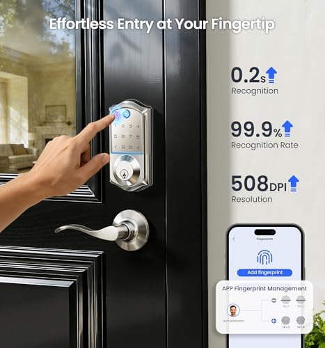 Veise VE017-L Fingerprint Smart Lock with 2 Lever Handle Set, Satin Nickel | App Control, Remote Access Sharing, Key Fob, Auto Lock, Backlit Touchscreen Keypad Deadbolt, IP55 Waterproof, for Front Door