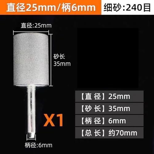 6-40mm Diamond Grinding Wheel Cylinder Shape, 240 Grit Mounted Points for Lapidary Glass Stone Carving, 6-8mm Shank Rotary Accessories (1 PC)(25mm)