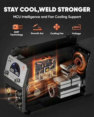 H HZXVOGEN 185A MIG Welder, 110V/220V Dual Voltage, 4-in-1 Gas MIG/Flux Core MIG/Lift TIG/Stick Welding Machine with Synergic Multiprocess Large LED Digital Display, IGBT Inverter