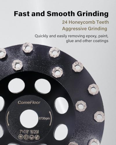 Diamond Grinding Cup Wheel for Hard Concrete Floor, Epoxy Coating Removal, 24 Aggressive Honeycomb Segments, 7 Inch 7/8" Arbor, 16/20 Grit