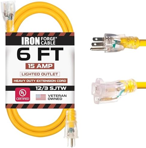 IRON FORGE CABLE 6 Foot Lighted Outdoor Extension Cord - 12/3 SJTW Heavy Duty Yellow Extension Cable with 3 Prong Grounded Plug for Safety, 15 AMP - Great for Garden and Major Appliances