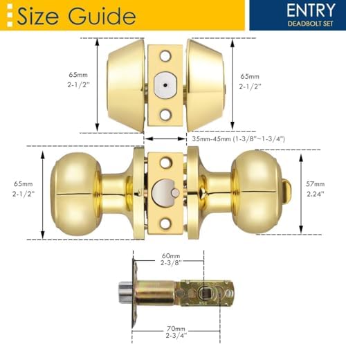 4 Pack Round Polished Brass Entry Door Knobs and Deadbolt Combination Set, Double Cylinder Deadbolt Door Lock Set, Keyed Alike, ANSI Grade 3 Security, 250,000 Cycles
