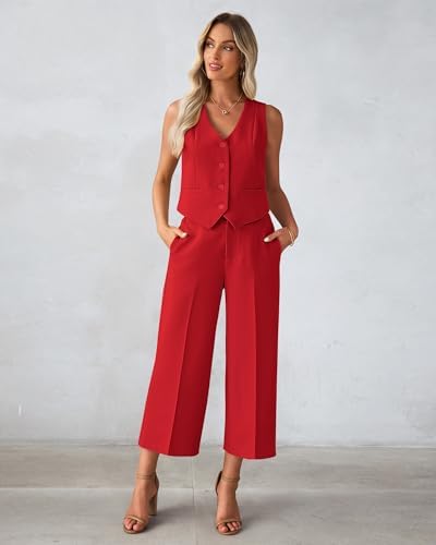 luvamia Vest Pant Suits for Women Dressy Wide Leg 2 Piece Sets Work Outfits