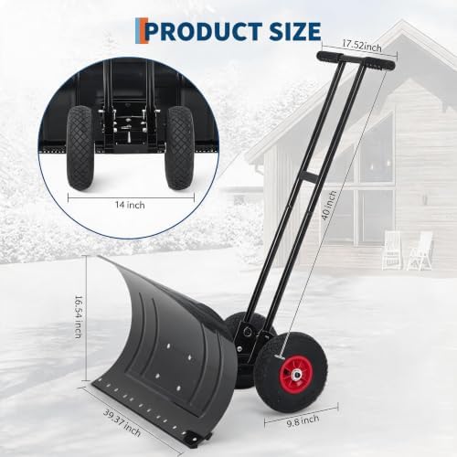 MAXSA 39" W Snow Shovel Pusher with Wheels for Driveway, Double Rod, Black