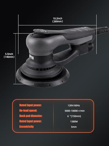 Electric 5mm Random Orbital Sander, SPTA 6Inch Brushless 350W 3A Palm Sander, Multi-function Variable Speed Electric Corded Orbital Sanders Machine with Sanding Pad, 10 Sanding Papers for Woodworking