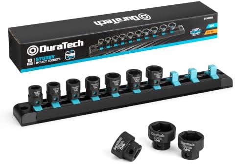 DURATECH 10-Piece 3/8" Drive Stubby Impact Socket Set for Narrow Spaces | 10mm-19mm, Metric, Cr-Mo Steel, Size Markings, for Tight Spaces, Organized in Magnetic Storage Rail, for Automotive Repairs