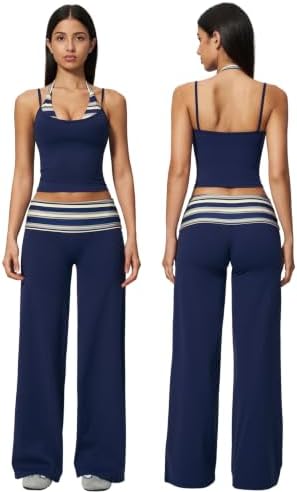 QBGJTD Womens Workout Sets Two Piece Striped Tank Top Wide Leg Yoga Pants Yoga Pilates Outfits