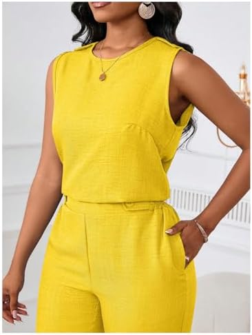 Floerns Women's 2 Piece Sets Dressy Outfits Bussiness casual Crew Neck Sleeveless Blouse and Elegant Pants Set