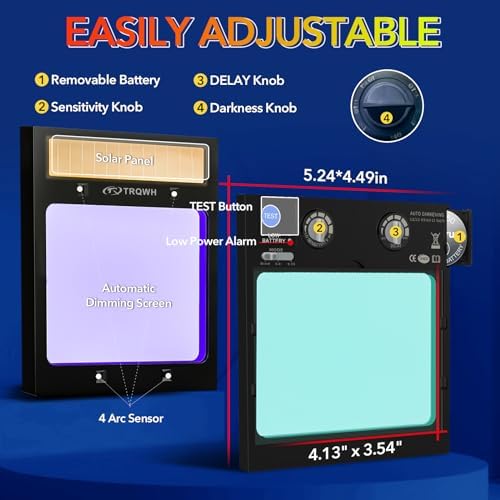 TRQWH Welding Helmet Auto Darkening Large Viewing True Color Solar Powered Welding Mask with 4 Arc Sensor Adjustable Wide Shade Range 4~5-8/9-13 Welder Mask with Grinding (TRQ-CSC002)
