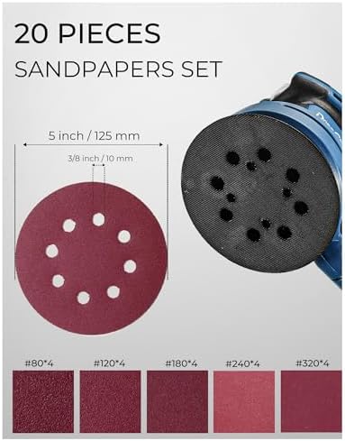 Dong Cheng 5-Inch Random Orbital Sander 380W 12800OPM Electric Palm Sander, 6 Variable Speeds, with 20pcs Sandpaper & Detachable Dust Bag, Power Sander for Woodworking, Sanding & Polishing (Renewed)
