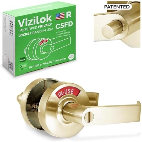 VIZILOK ADA Compliant, Single Egress Indicator Privacy Lock C5FD-R Durable ANSI Grade 2 Comp Commercial Right Handed Non Reversible in-Use or Vacant Push Button Lever - Satin Brass