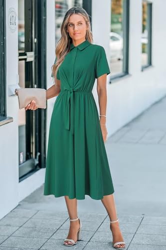 Newshows Women's Work Business Casual Outfits Tie Waist Midi Shirt Dress