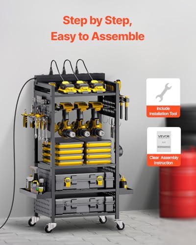 VEVOR 5-Tier Tool Organizer Cart with Charging Station, 8 AC Outlet, Floor Stand Rolling Drill Holder and Tool Battery Storage Rack on Wheels, Garage Floor Rolling Storage Cart for Workshop, Garage