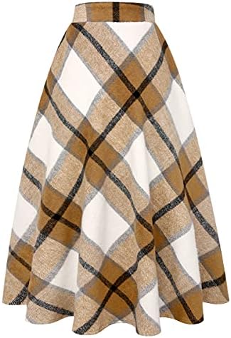 IDEALSANXUN Womens Plaid Wool Skirts Elastic Waist A-Line Pleated Tartan Long Skirts