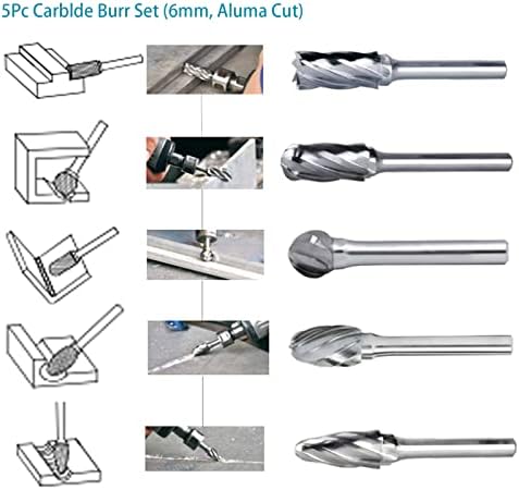 5pcs Carbide Burrs for Aluminum -Aluma Cut Carbide Rotary Burr Files Set 1/4"(6.35mm) Shank for Die Grinder Drill,Metal Carving,Polishing,Engraving, Drilling