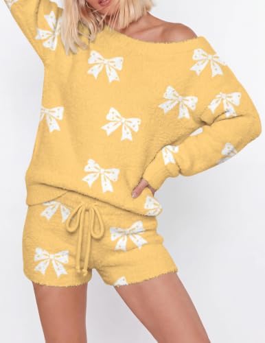 Ekouaer Fuzzy Fleece Pajamas 2 Piece Warm Soft Lounge Set Long Sleeve Sweater Top and Shorts Loungewear Outfits Sweatsuits