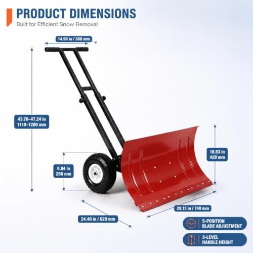 GarveeLife Wheeled Snow Shovel - 29in Steel Blade, 10in Wheels Red/Black