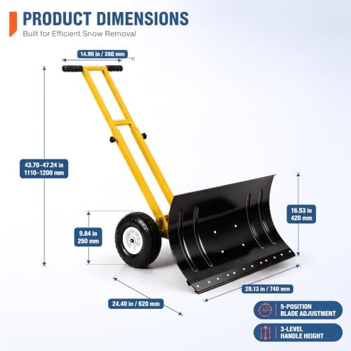 GarveeLife Wheeled Snow Shovel - 29in Steel Blade with 10in Wheels Yellow