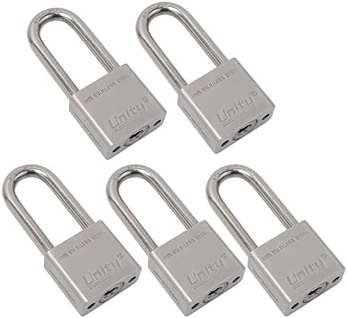 Unity Marine Padlock Keyed Alike 100% Stainless Steel Weatherproof for Sea, Boat, Port, Gate, Anti-Pick (5, 40mm Long Shackle)