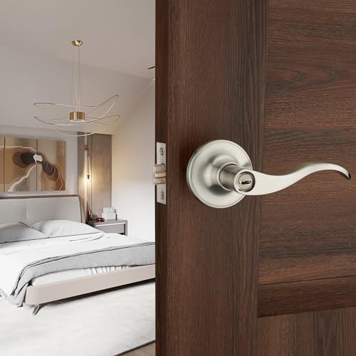 6 Pack of HENYIN Wave Lever Door Lock/Door Knob Hardware Handle and Closet Lockset, Silver Color, Bathroom Version Without Key,Right Hand (805SN-R-Bk-6)