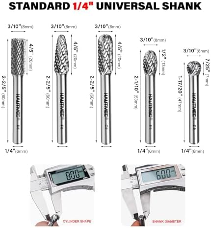 HAUTMEC 5Pcs Tungsten Carbide Rotary Burr Bit YG6, 1/4" Shank Double Cut Die Grinder Bit with Belt Pouch, Low Vibration Precision Rotary File for Metal Grinding, Engraving & Deburring (8MM), HT0455