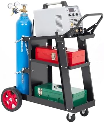 Heavy Duty Welding Cart, Rolling Welder Cart on Wheels for MIG TIG Welder & Plasma Cutter, Carbon Steel Weld Cart 220LB Capacity with Handle & Gas Tank Holder