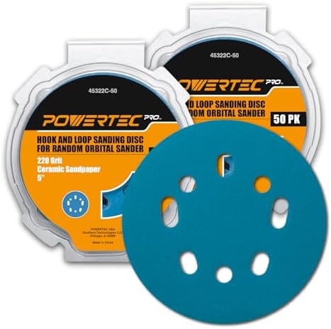 POWERTEC PRO 100PK, 5 Inch Sanding Discs Hook and Loop, 220 Grit, Ceramic Orbital Sander Sandpaper for 5 & 8 Hole Random Orbital Sanders - Automotive, Paint, Metal, Woodworking (45322C-50-P2)