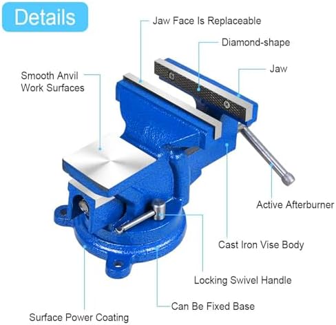Bench Vise Heavy Duty 5-Inch, 360° Swivel Base with Anvil Clamp Cast Steel,Table Clamp Woodworking Vice,Multipurpose Workbenchw for Drilling, Pipe Cutting,Woodworking-Blue