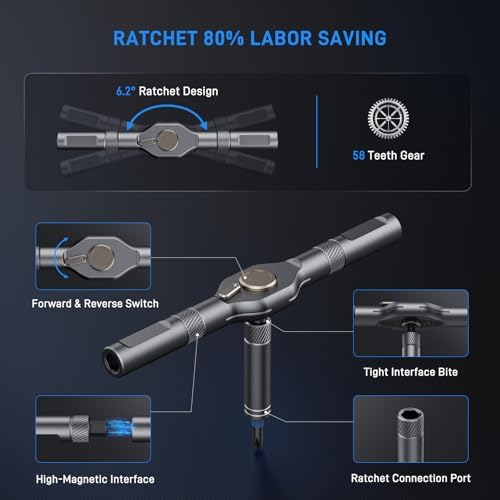 74-in-1 Magnetic Ratchet Screwdriver Set with S2 Steel Bits | T Handle Allen Wrench Set, Storage case, detachable design. Ideal for electronics, furniture, bicycle, watch, DIY.