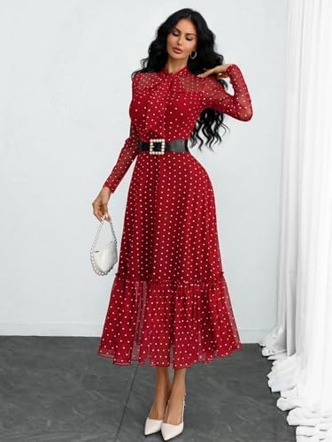 GothDark Polka dot Dress for Women Tie Neck Bow Ruffle Fall Vintage Dress
