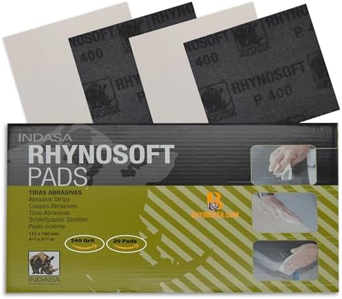 Indasa Rhynosoft Foam Sanding Pads - 4.5" x 5.5", Hook and Loop, 240 Grit, Plusline, Flexible, Tear-Resistant, Ideal for Automotive, Wood,& Finishing (Pack of 20 Pads)