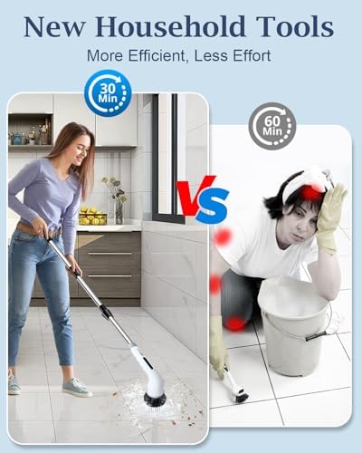 Electric Spin Scrubber, Shower Scrubber Cordless Cleaning Brush with 8 Replaceable Brush Heads and Squeegee，Adjustable Extension Handle 2 Speeds Electric Cleaning Brush for Bathroom, Tub, Tile，Kitchen