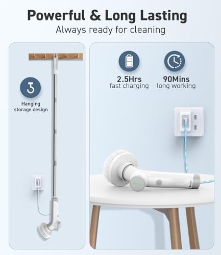 VEWIOR Electric Spin Scrubber with 3 Replacement Brushes, Cordless Shower Scrubber with Adjustable Handle and Power Dual Speed for Bathroom Tub Tile Grout
