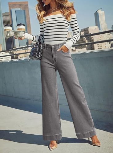 Dokotoo Women's Casual High Waisted Jeans Stretch Wide Leg Loose Denim Pant