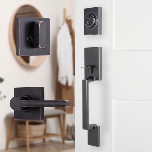 BRINKS Contemporary Keyed Entry Door Handleset with Lever and Deadbolt, Modern Front Door Lock Set, Easy Install, Pick-Resistant (Straight Lever, Tuscan Bronze)