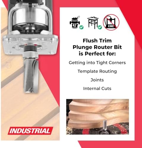Amana Tool 45460-3US Carbide Tipped Flush Trim Plunge Template Up Shear Angle 1/2 D x 1 Inch CH x 1/4 SHK w/Upper Ball Bearing Router Bit