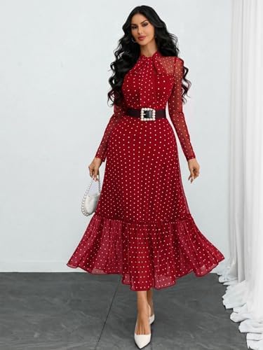 GothDark Polka dot Dress for Women Tie Neck Bow Ruffle Fall Vintage Dress