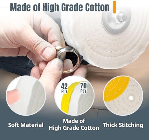 POWERTEC 8-Inch Bench Buffer Jewelry Polisher - Includes 2PCs 80Ply Thic Buffing Wheels + 2 Pack White & Yellow Polishing Wheels
