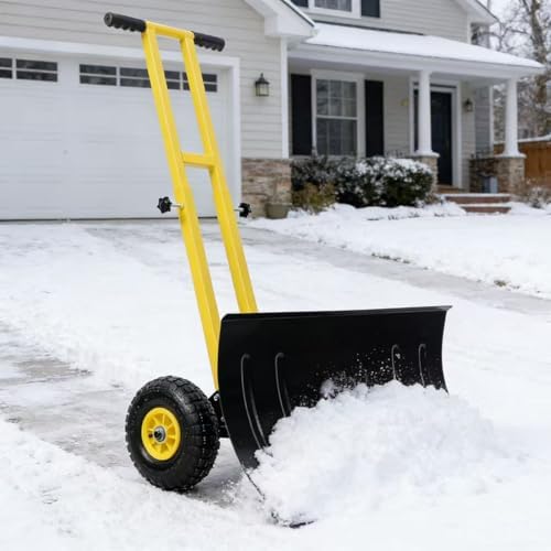 【Local delivery 】 29in Galvanized Blade Heavy-Duty 2-Wheel Snow Pusher Hand Plow for Snow Removal w/Wheels, Adjustable Handle, Blade Angle (Yellow)